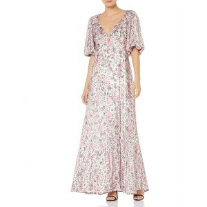 BCBGMAXAZRIA Maxi Dress 10 Cream Floral V-Neck Puff Sleeve Feminine Elegant
